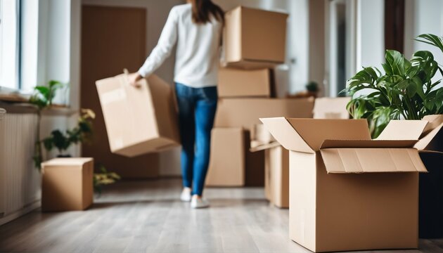 Young couple moving into new house, living room with cardboard boxes and plants, rental market theme