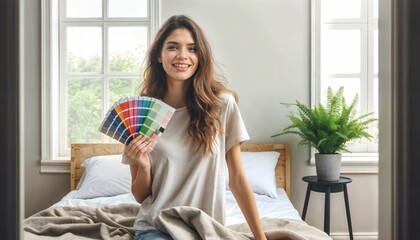Young woman with color palette in hand, making choices for home interior design and renovation - 742037932