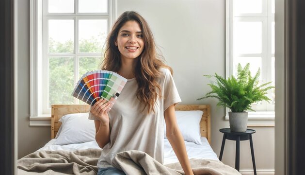 Young woman with color palette in hand, making choices for home interior design and renovation