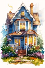 Fototapeta na wymiar house porch blue deep pencil illustration furry little windows sticker quaint