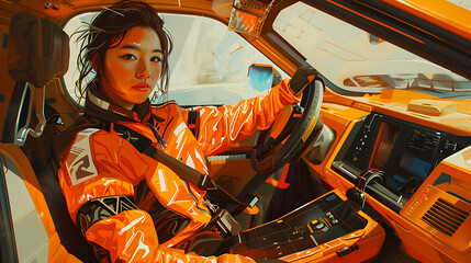 a woman in an orange and black jacket sitting in a vehicle with a steering wheel and a seat belt - obrazy, fototapety, plakaty
