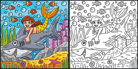 Obraz na płótnie Canvas Shark and Mermaid Coloring Page Illustration