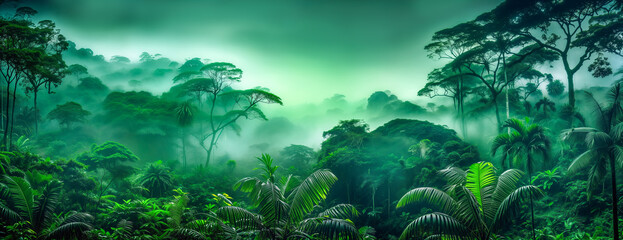 Fototapeta na wymiar An aerial panorama view of tropical rainforest. Panoramic landscape of green jungle, Tropical rain forest jungle