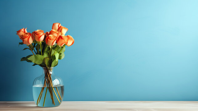 Wooden table with glass vase with bouquet of orange roses near empty blue wall. Home interior background with copy space.