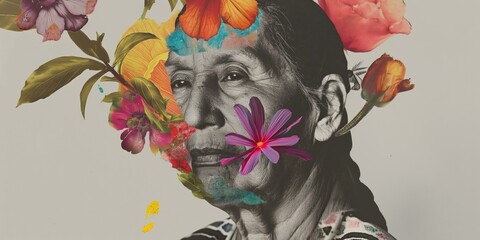 This portrait showcases a mature Native American woman, her face adorned with flowers in an abstract contemporary art collage.