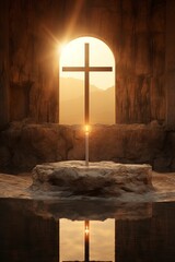 beautiful altar of a chapel with the cross illuminated by sunlight - obrazy, fototapety, plakaty