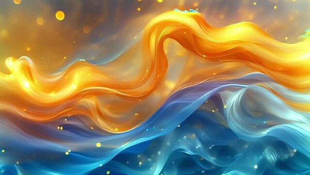 Abstract background with yellow and blue waves and golden bokeh