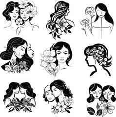 floral woman, flower woman, silhouette  hand drawn vector illustration.
