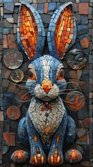 Colorful mosaic of Easter Rabbit on the wall in the park.