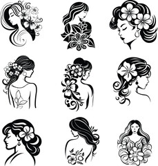 floral woman, flower woman, silhouette  hand drawn vector illustration.