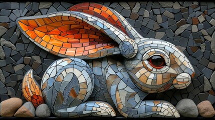 Colorful mosaic of Easter Rabbit on the wall in the park.