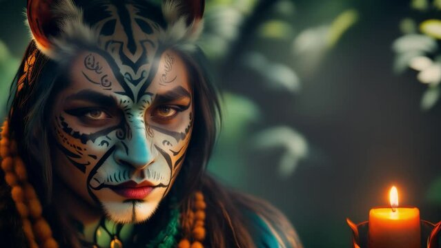 A majestic portrait of a shaman celebrating the fusion of the power of the spirit and the jaguar.
