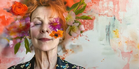 This portrait showcases a mature redheaded woman with flowers adorning her face, presenting an abstract contemporary art collage.