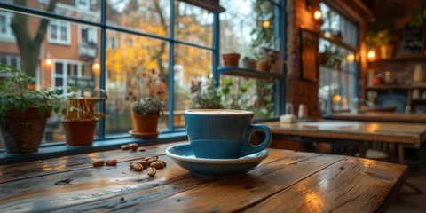 Schilderijen op glas Coffee break in cozy cafe and natural background. © Mix and Match Studio