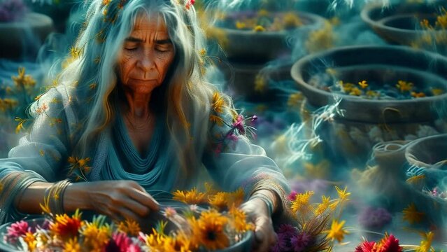 A witch performs a ritual with the withering of flowers: a harbinger of changes in the life of society