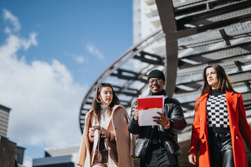 Confident, diverse young professionals walk outside with a tablet in an urban environment, showcasing modern work dynamics.