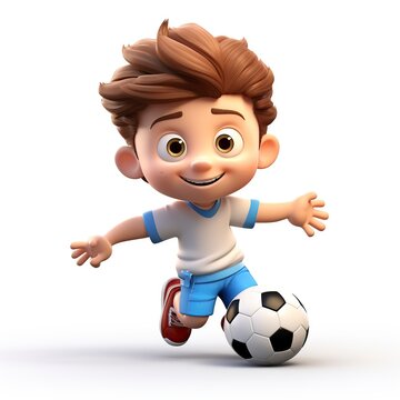3D cartoon illustration, a cute little boy playing soccer with a ball