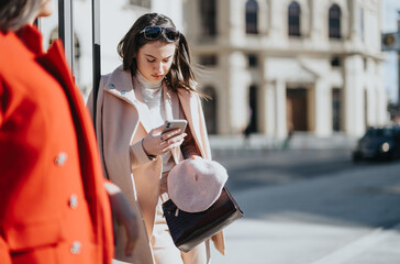 Young businesswomen using smart phone on city street in stylish outfits.