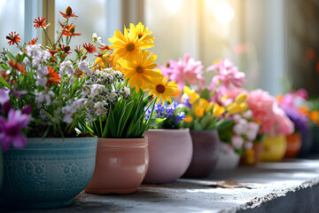 daffodils in pots,Spring flowers in white pots on a pastel background, daffodils and peonies - obrazy, fototapety, plakaty