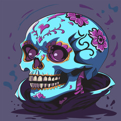 Color drawing of a human skull decorated with flowers and ornaments.
