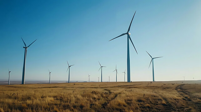 a row of wind turbines in a field of grass with a blue sky in the background