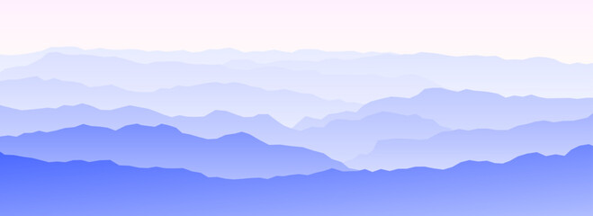 Mountain range landscape on sunset or sunrise. Morning panoramic view. Mountain ridges and hills background. Blue and pink mount peaks silhouette with mist, fog or haze. Vector illustration 