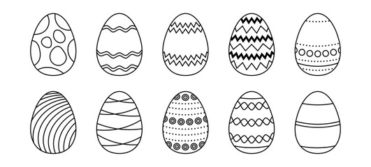 Easter eggs set. Spring linear egg icon collection with different pattern. Doodle style Easter illustration pack for card, invitation, print, sticker, banner, poster. Vector black and white bundle