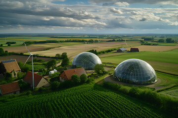 Aerial photograph of a wind farm in the countryside, with glass dome eco houses  - obrazy, fototapety, plakaty