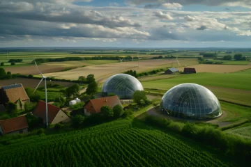 Foto op Canvas Aerial photograph of a wind farm in the countryside, with glass dome eco houses  © Scott