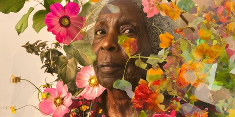 senior black woman with flowers adorning her face, presenting an abstract contemporary art collage.
