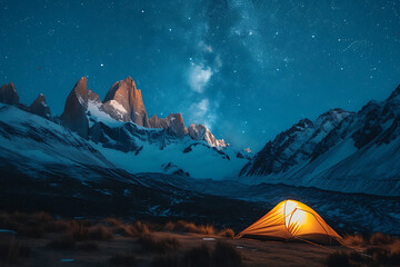 A starry sky photograph taken in the mountains, with a cosy lit up tent in the foreground