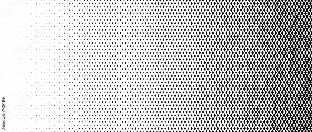 Poster Rhombus gradient halftone texture. Diamond dots fading pattern. Abstract geometric particles vanishing gradient background. Rhomb shape grunge overlay structure. Vector black and white wallpaper