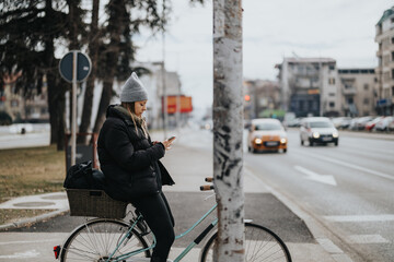 A young adult woman in winter attire stops by the road, leaning on her bicycle as she interacts with her smart phone in an urban setting.