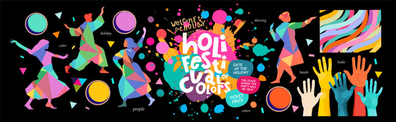 Happy Holi. Festival of Colors. Vector illustrations of bright colorful paint cans, splashes, hands, dancing Indian people, pattern for poster, greeting card, flyer, invitation or background