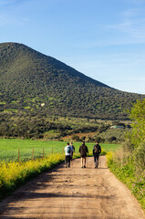 Exploring Nature: Hiking amidst Agricultural Landscapes with an Impressive Oak-filled Sierra in the Background.