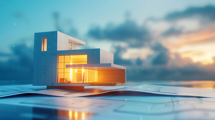 a model house on top of a blueprint with a lit window - obrazy, fototapety, plakaty