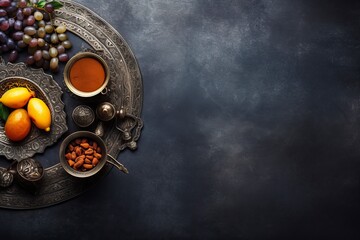 Table top view image of decoration Ramadan Kareem, dates fruit, aladdin lamp, tea and rosary beads on dark stone background. Flat lay with copy space - generative ai