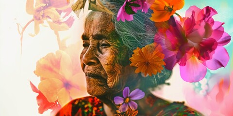 senior Indian woman with flowers adorning her face, presenting an abstract contemporary art collage.