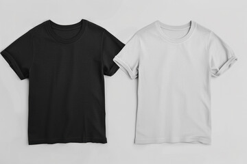 Two black and white t-shirts are neatly laid out on a white background, creating a simple yet striking visual contrast. The shirts are ideal for use as a mockup or for showcasing designs