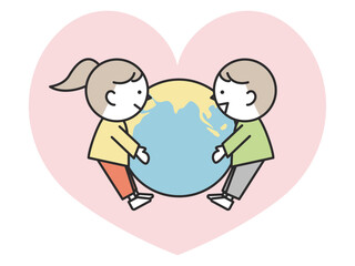 地球をだきしめる子供たち（男の子と女の子）　地球環境保護のイメージ
