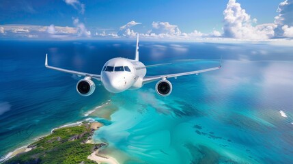 Airplane flies low over blue sea near green islands, Bahamas. White airplane, low over Bahamas, clear waters beneath.