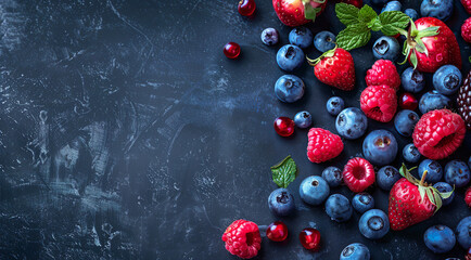 Red berries, Blueberry strawberry, blackberry on table