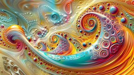 Vibrant abstract swirls with fluid dynamics and spherical elements