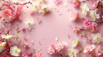 Fototapeta na wymiar Spring Flowers Theme: Soft Pink with Cherry Blossoms & Daffodils