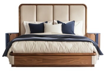 a bed with a wooden headboard and white sheets, white background, navy and beige