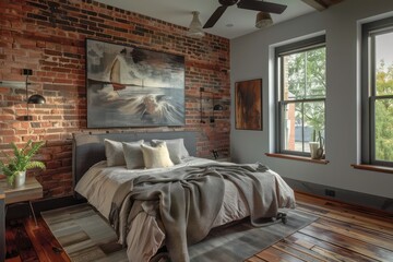 a contemporary bedroom with brick walls, a fan and wooden floors, in the style of photorealistic paintings, large canvas sizes, eco-friendly