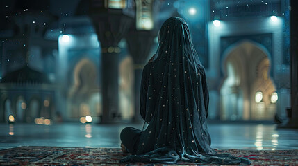 muslim woman praying in mosque with night star view in background, Festive greeting card, invitation for Muslim holy month Ramadan Kareem.