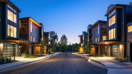 modern townhouse development with a dark road in the middle of the street - obrazy, fototapety, plakaty