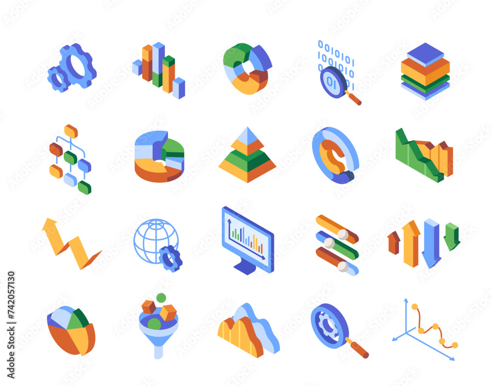 Poster set of data analysis related colorful icons. bright signs with graphs, pie charts, statistical data 