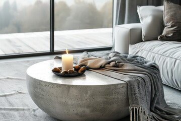  table with candle and blankets, modern and contemporary design, naturalistic light, rounded, harmony with nature, interior scenes, concrete